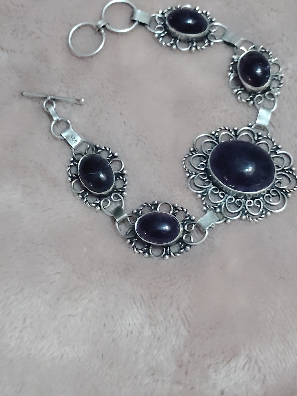 Sterling-Style Silver Bracelet with Deep Purple Cabochons